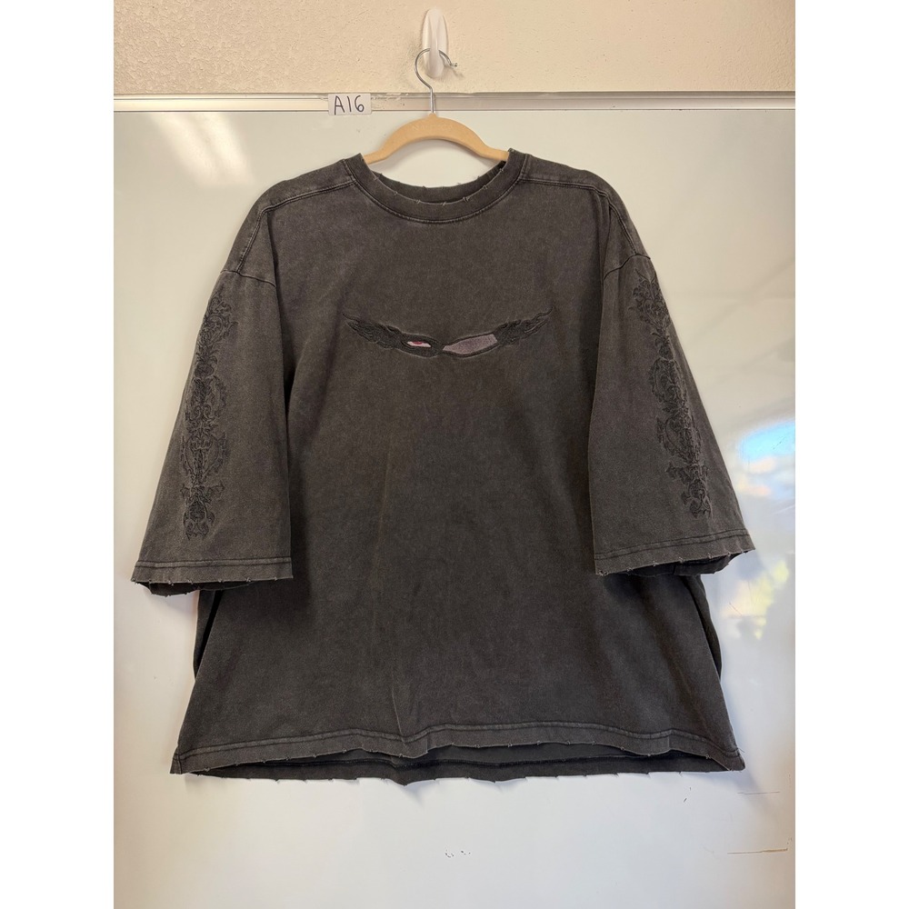 Vees Faded Black Oversized Embroidered T-Shirt Large Streetwear Raw Hem Cotton